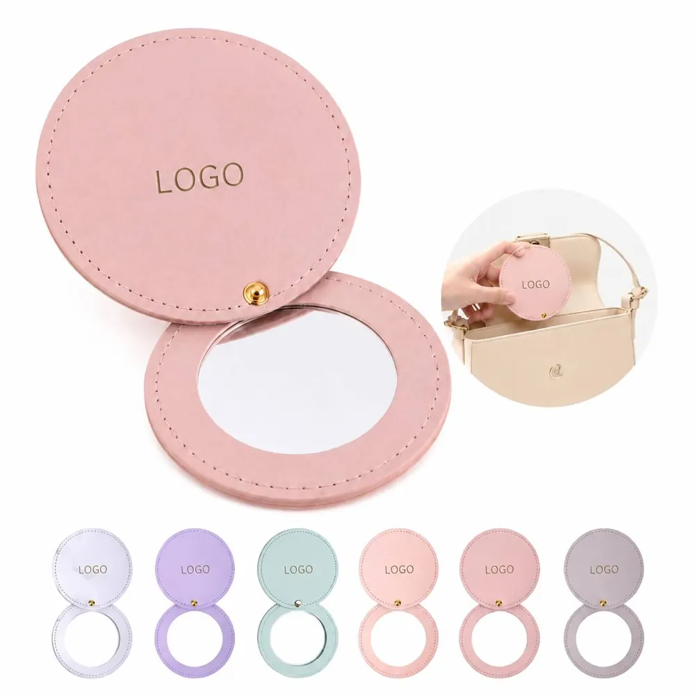 Mini Rotating PU Leather Makeup Mirror, Portable Round