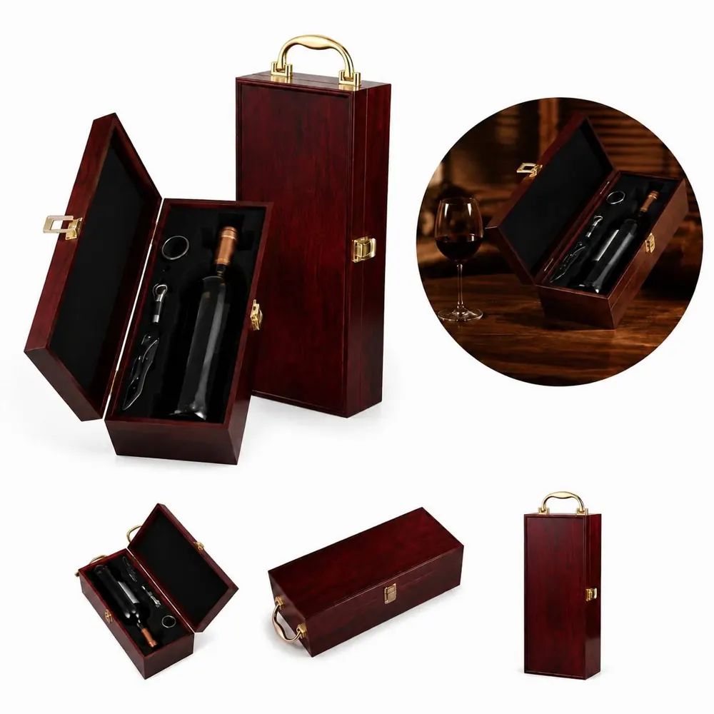 Piano Finish Wooden Wine Box with 3 Accessories for Single 2