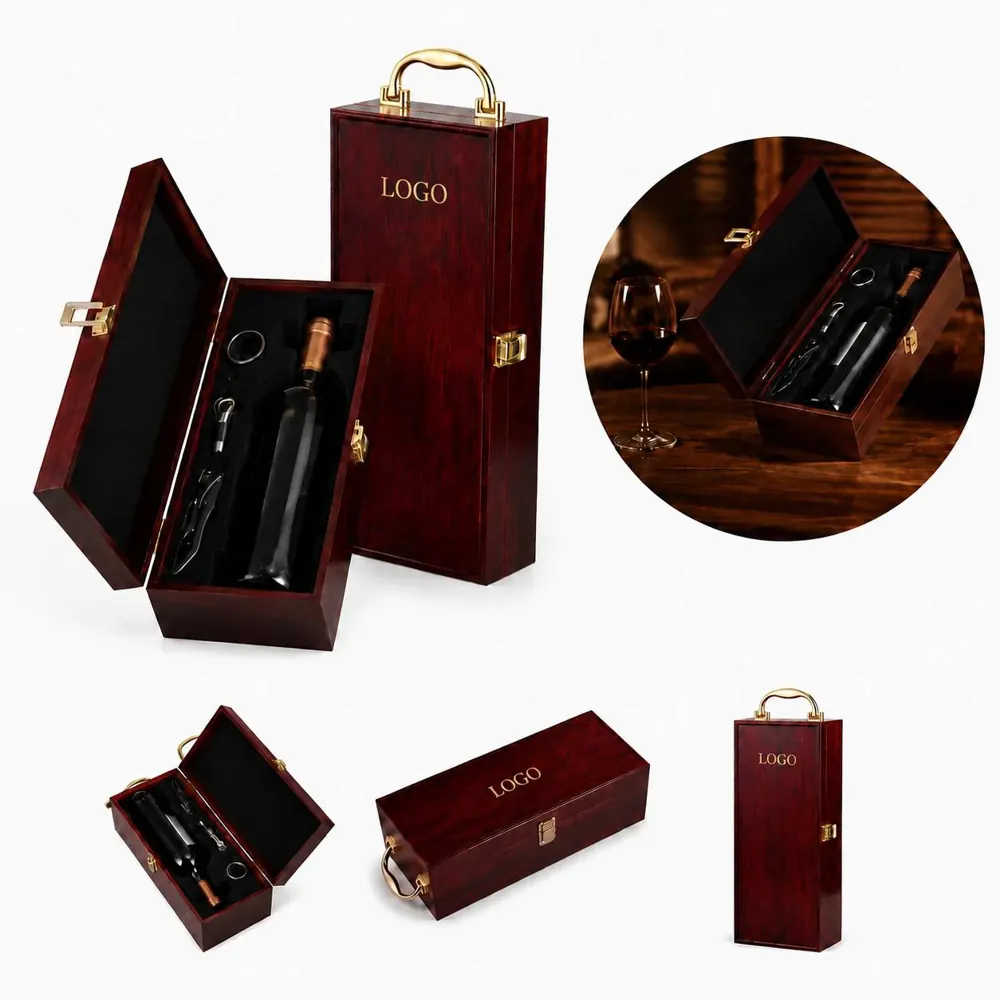 Piano Finish Wooden Wine Box with 3 Accessories for Single