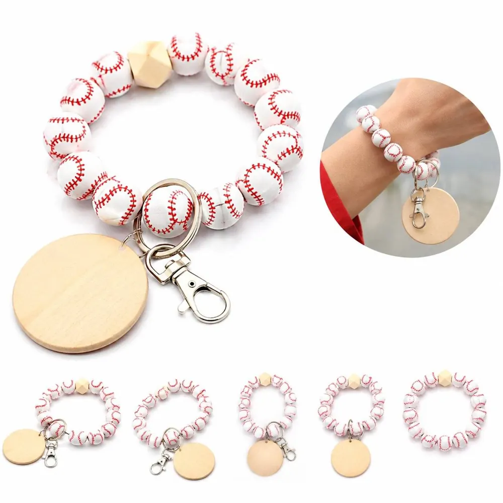 Natural Wooden Bead Keychain Bracelet with Blank Tag 2