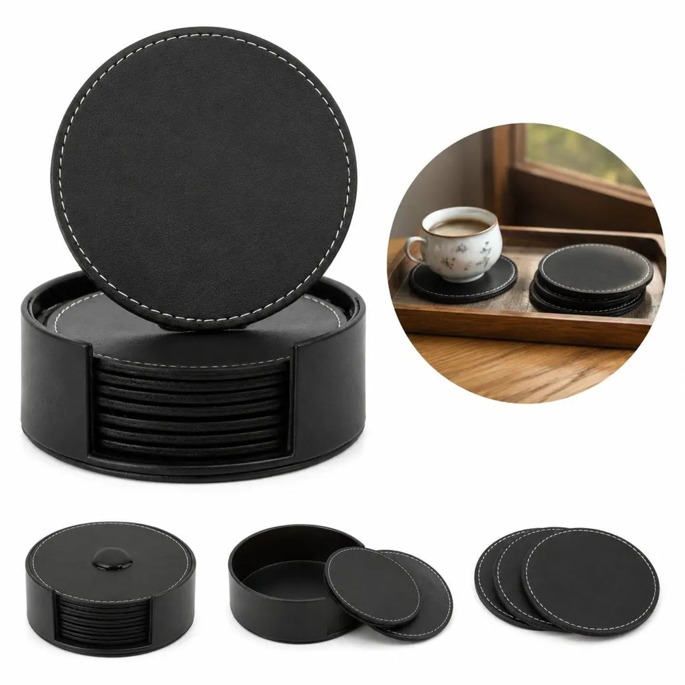 PU Leather Coaster Set of 6, Absorbent Round Drink 2