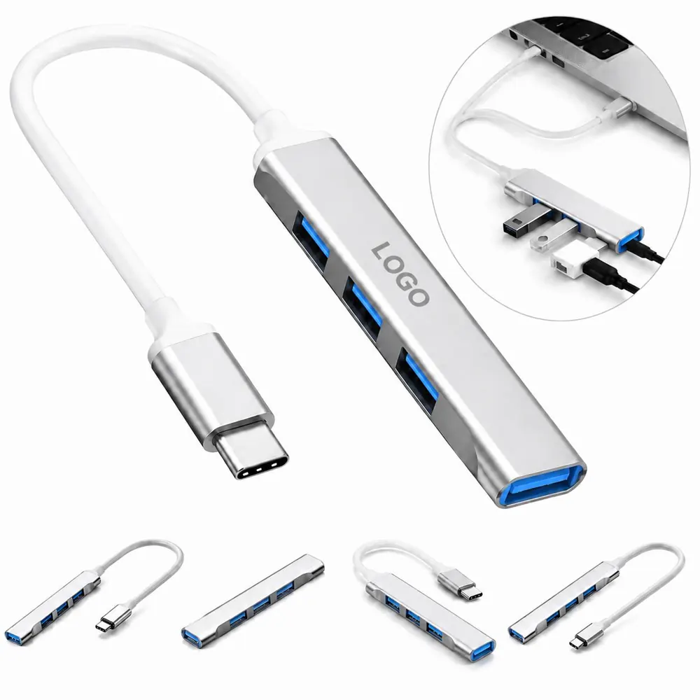 Aluminum 4-Port USB/Type-C Hub Adapter, High-Speed Data