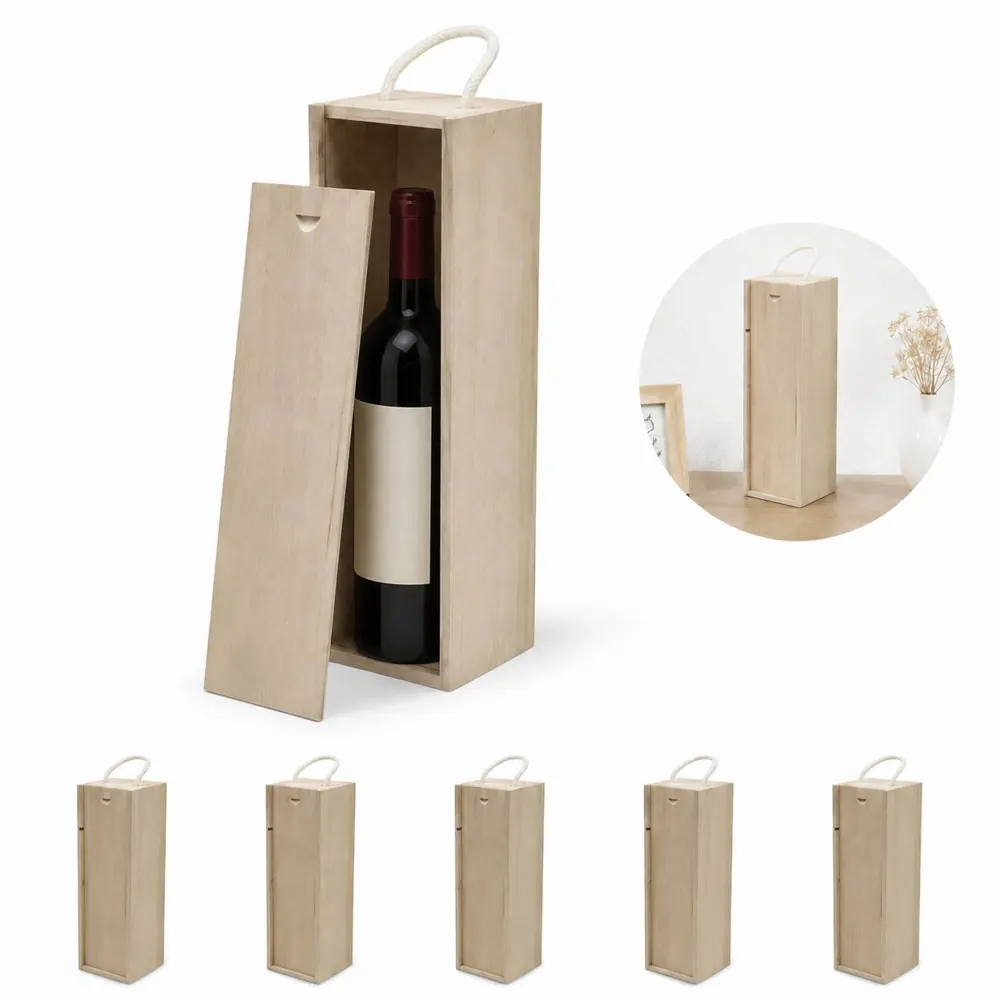 Natural Wood Wine Bottle Storage Case with Hinged Lid 2