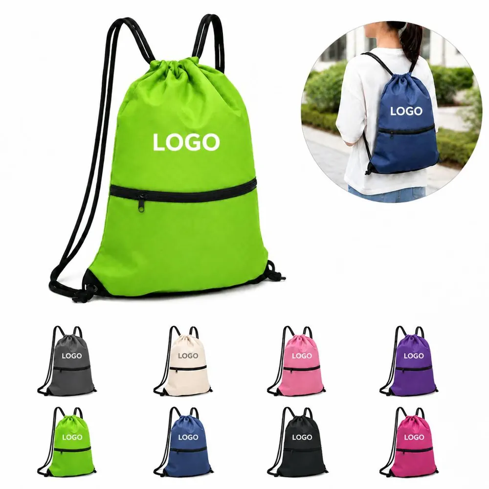 Lightweight Drawstring Backpack with Zippered Front Pocket
