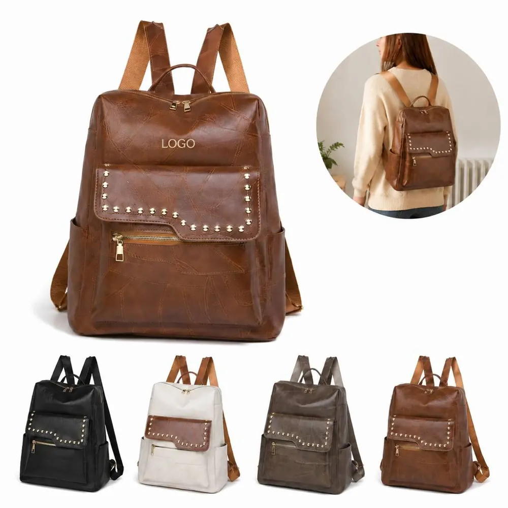 Studded Leather Backpack with Multiple Compartments