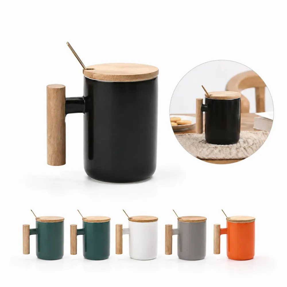 12oz Ceramic Cup with Wooden Handle for Coffee Tea 2