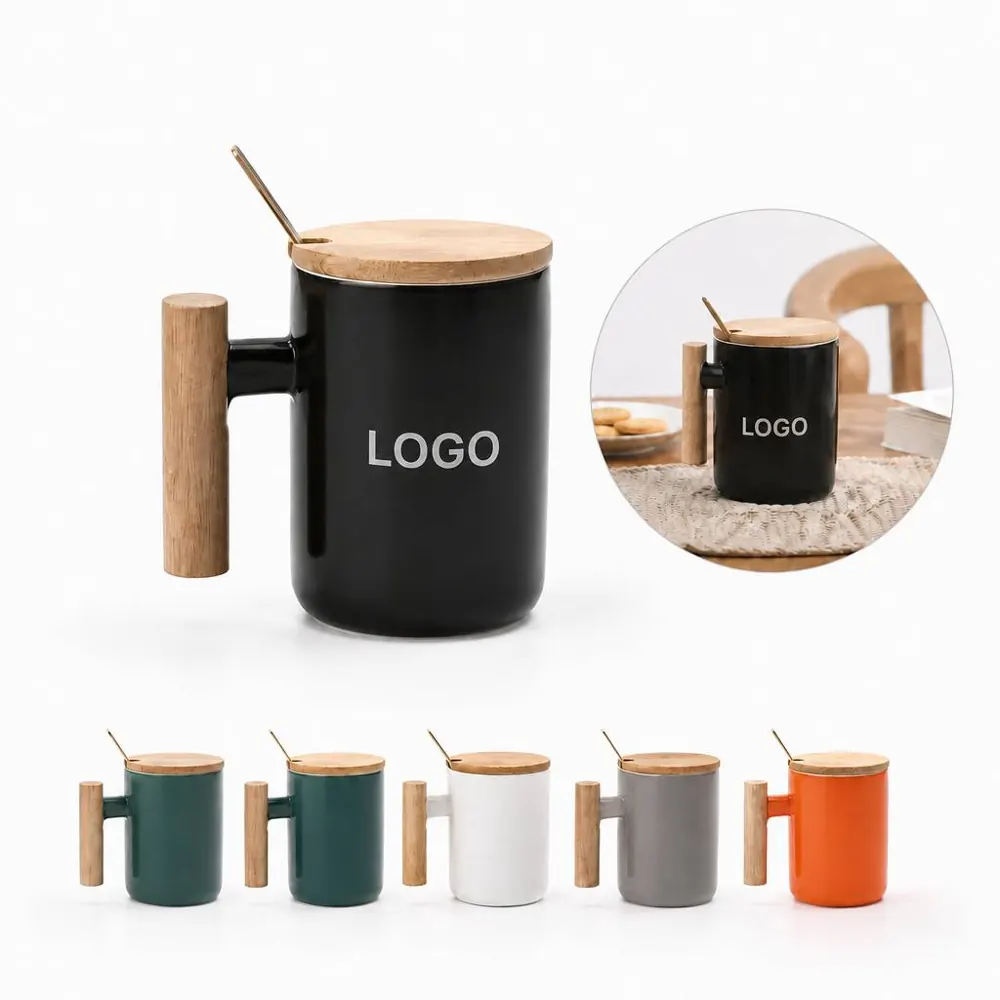 12oz Ceramic Cup with Wooden Handle for Coffee Tea