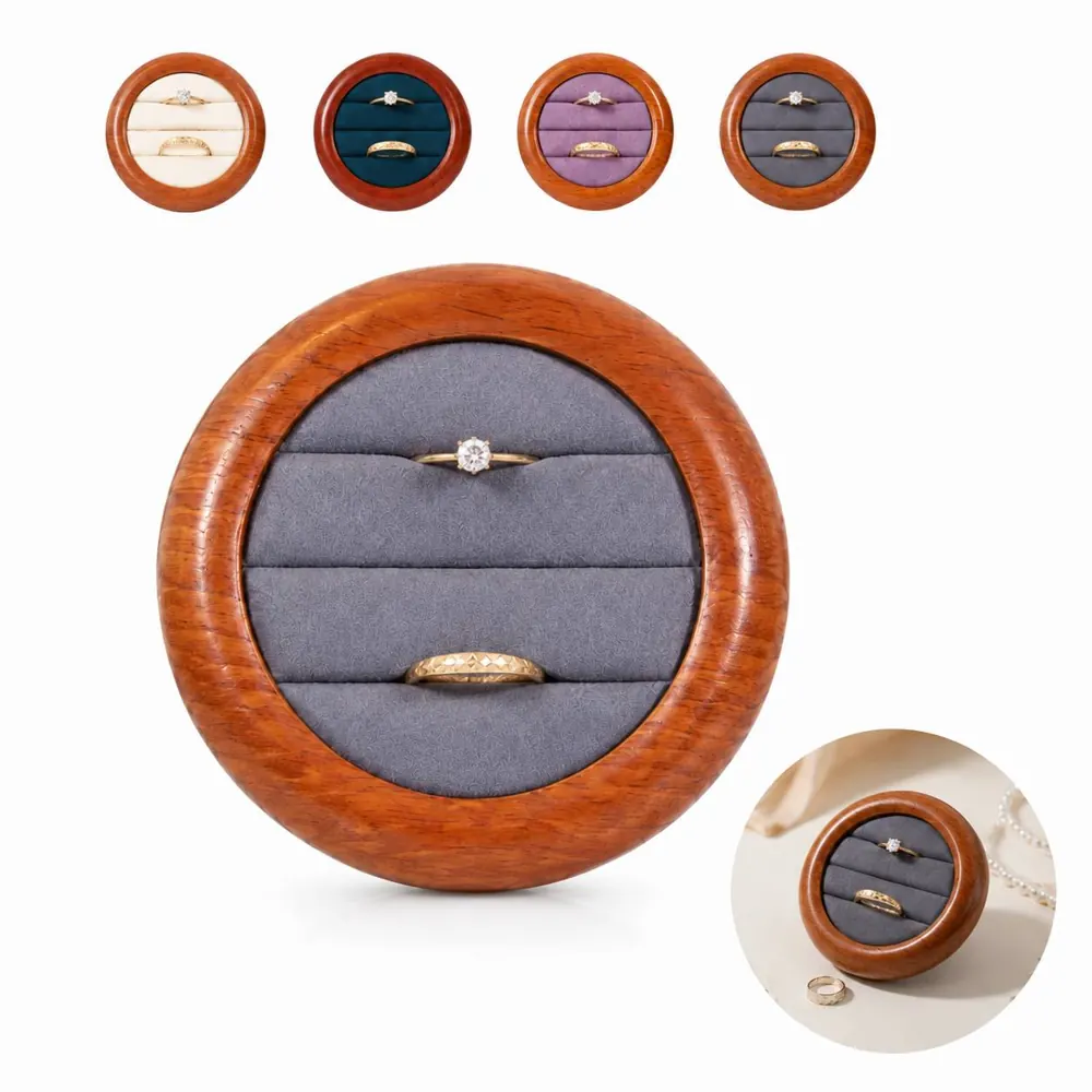Round Wooden Jewelry Display Tray with Ring Slots 2