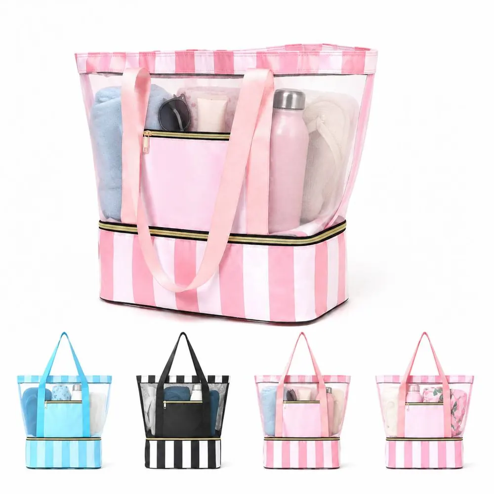 Breathable Mesh Beach Tote with Striped Design 2