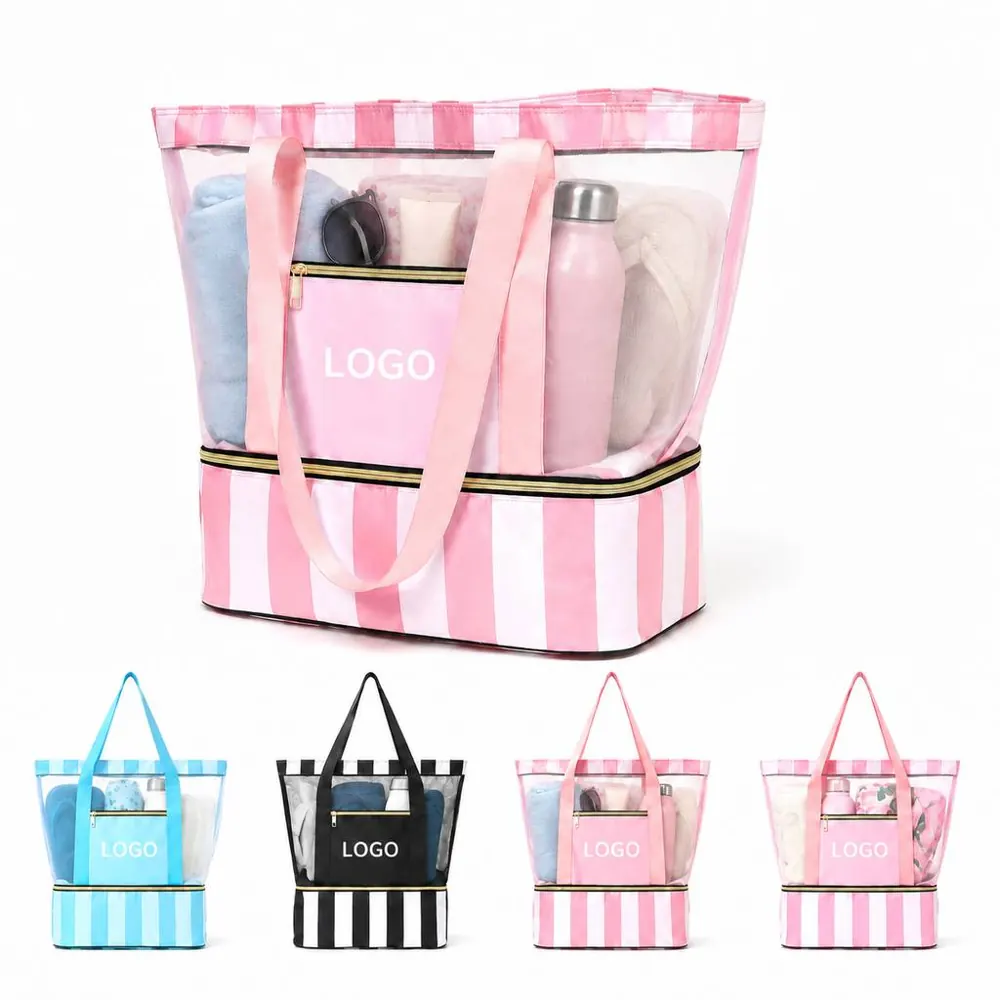 Breathable Mesh Beach Tote with Striped Design