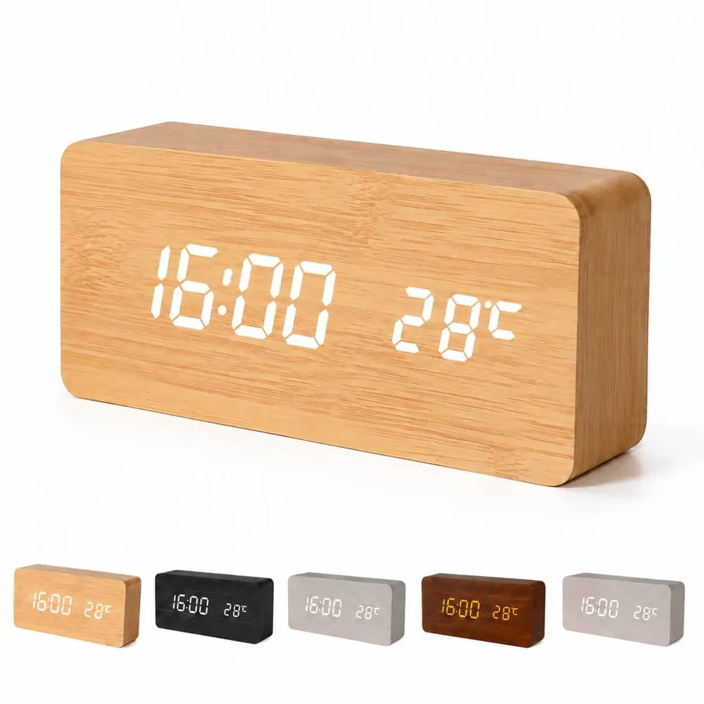 Wooden Digital Clock with LED Display Alarm and Temperature 2