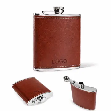 8 oz Brown Leatherette Stainless Steel Flask with Screw Cap