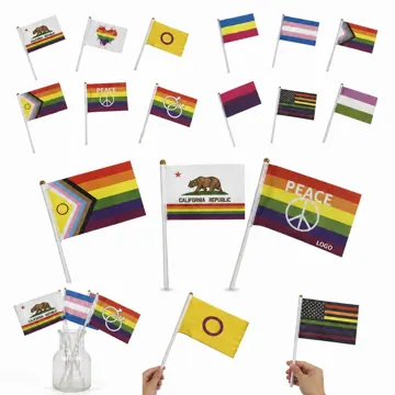 12 Pack LGBTQ+ Pride Hand Waving Flags Set with Gold Top