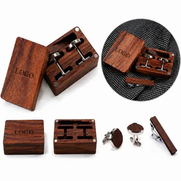 Wooden Cufflink & Tie Clip Set with Storage Box