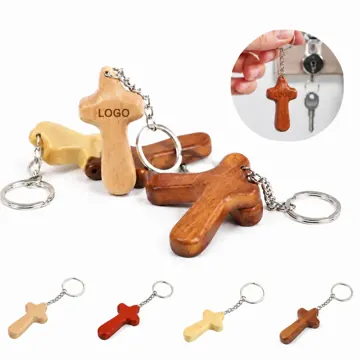 Wooden Cross Keychain with Metal Ring for Keys and Gifts