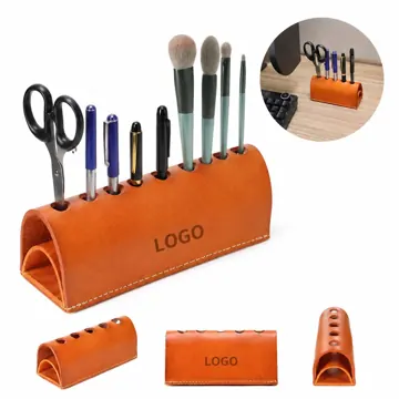 Cow Leather Multi-Compartment Brush & Pen Holder Organizer