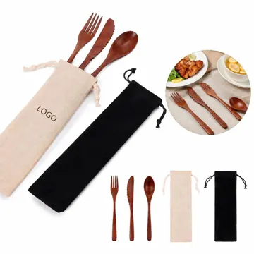 Eco-Friendly Portable Wooden Cutlery Set with Carrying Bag