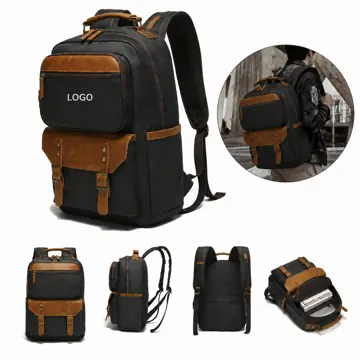 Retro Oil Waxed Canvas Laptop Backpack with Leather Trim