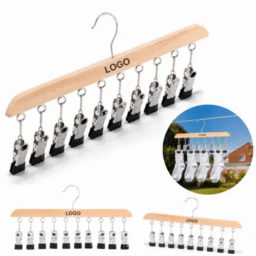 Solid Wood 10-Clip Hanger for Shirts, Pants & Accessories