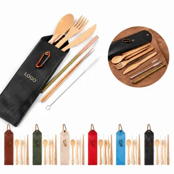 Eco Bamboo Utensil Set with Carrying Bag for Travel