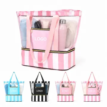 Breathable Mesh Beach Tote with Striped Design